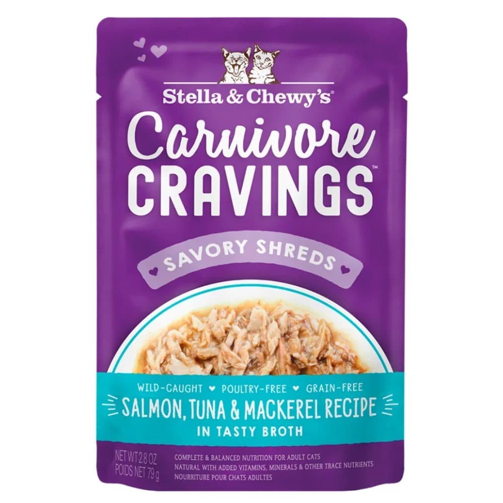 Stella & Chewy's Carnivore Cravings Savory Shreds 三文魚、吞拿魚及鯖魚肉絲配方 成貓主食濕糧包 2.8oz